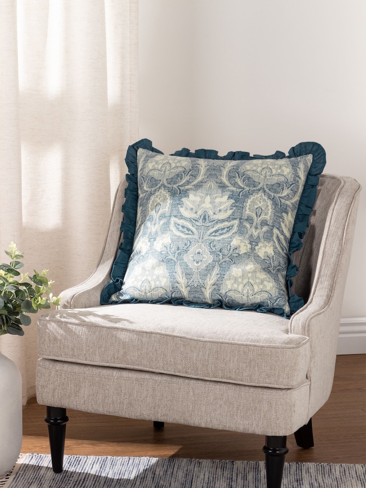 Riva Paoletti French Blue Kirkton Floral Tile Cotton Pleated Cushion - Image 1 of 7