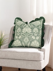 Riva Paoletti Bottle Green Kirkton Floral Tile Cotton Pleated Cushion - Image 1 of 7