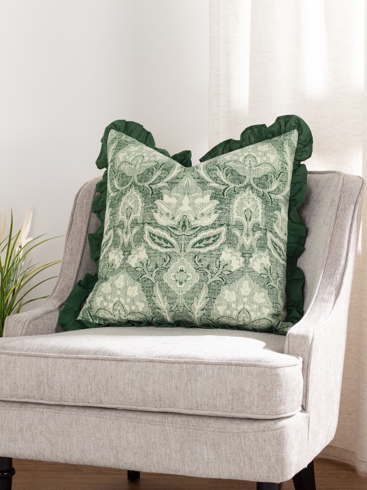 Riva Paoletti Bottle Green Kirkton Floral Tile Cotton Pleated Cushion - Image 1 of 7 Riva Paoletti Bottle Green Kirkton Floral Tile Cotton Pleated Cushion - Image 1 of 7