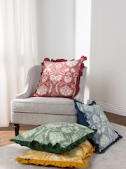 Riva Paoletti Bottle Green Kirkton Floral Tile Cotton Pleated Cushion - Image 2 of 7