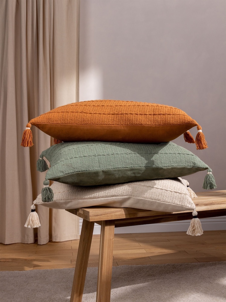 Yard Eucalyptus Green Caliche 100% Cotton Knit Tasselled Cushion - Image 1 of 6 Yard Eucalyptus Green Caliche 100% Cotton Knit Tasselled Cushion - Image 1 of 6