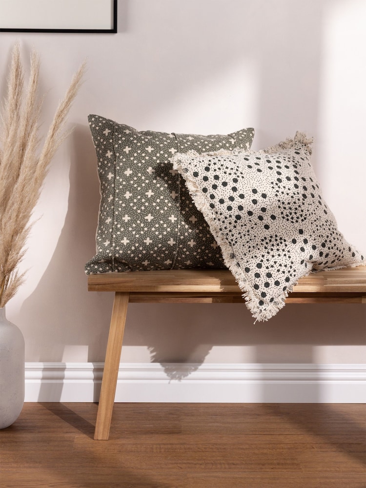 Yard Lichen Green Hara Spotted Printed Fringed 100% Cotton Cushion - Image 2 of 7