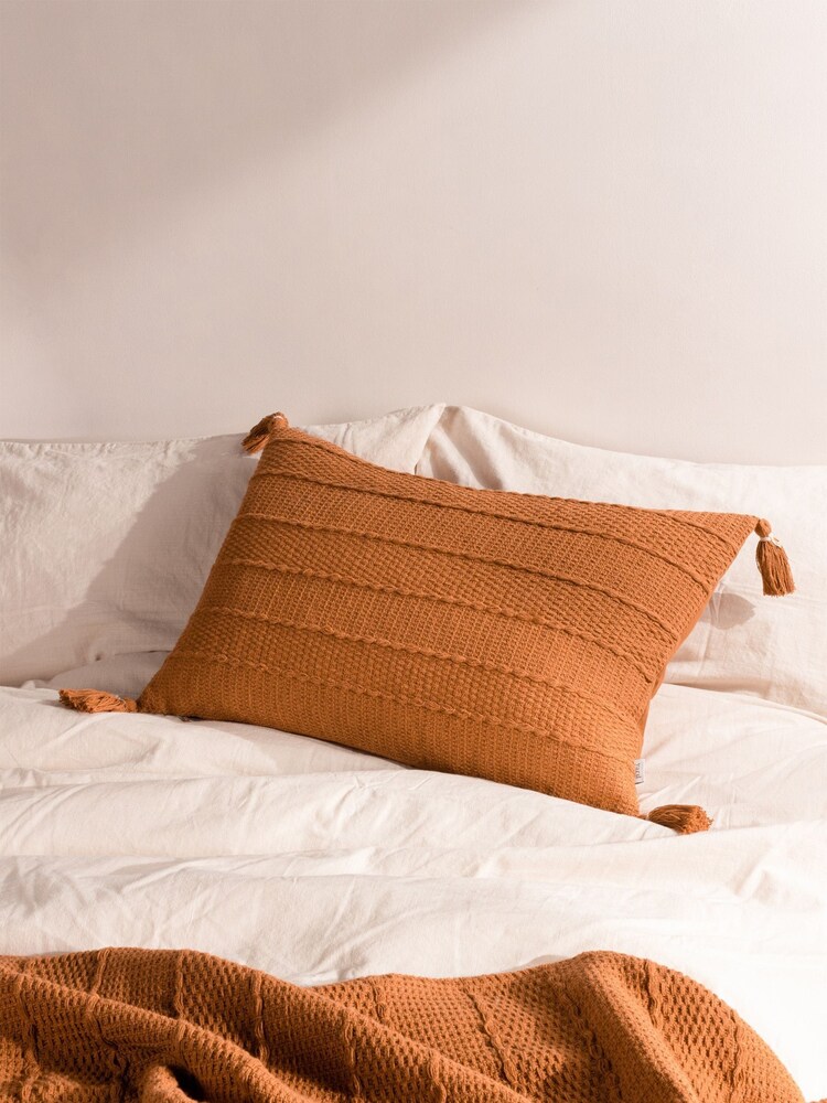 Yard Ginger Brown Caliche 100% Cotton Knit Tasselled Cushion - Image 1 of 7