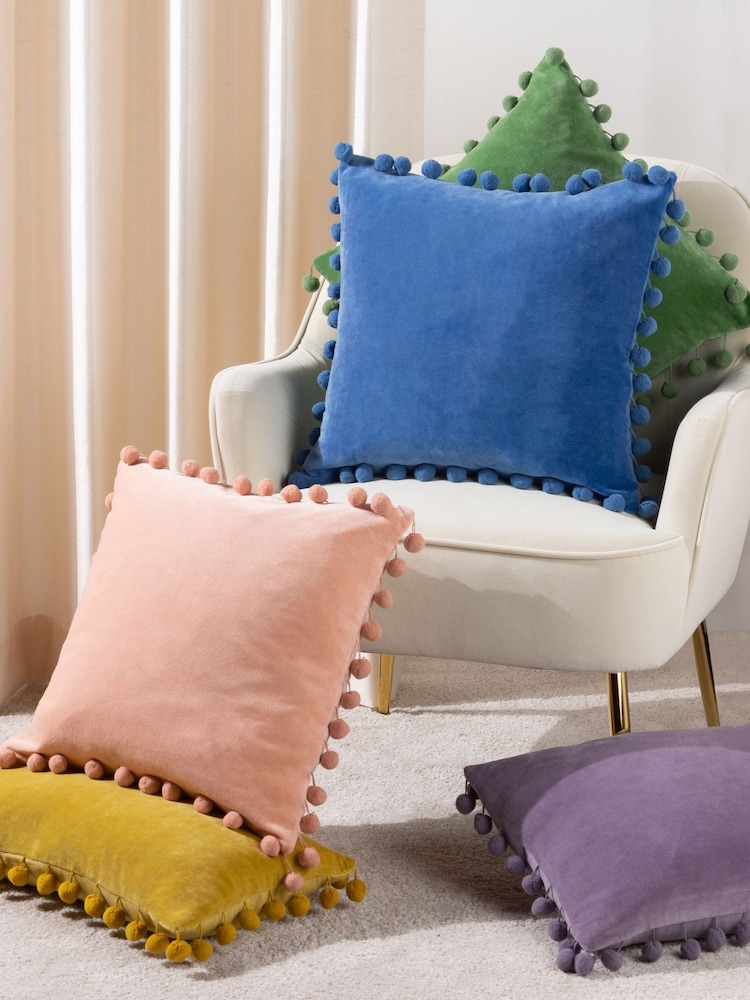 Furn Lilac Purple Dora Rectangular 100% Cotton Velvet Pom Pom Cushion - Image 5 of 5 Furn Lilac Purple Dora Rectangular 100% Cotton Velvet Pom Pom Cushion - Image 5 of 5