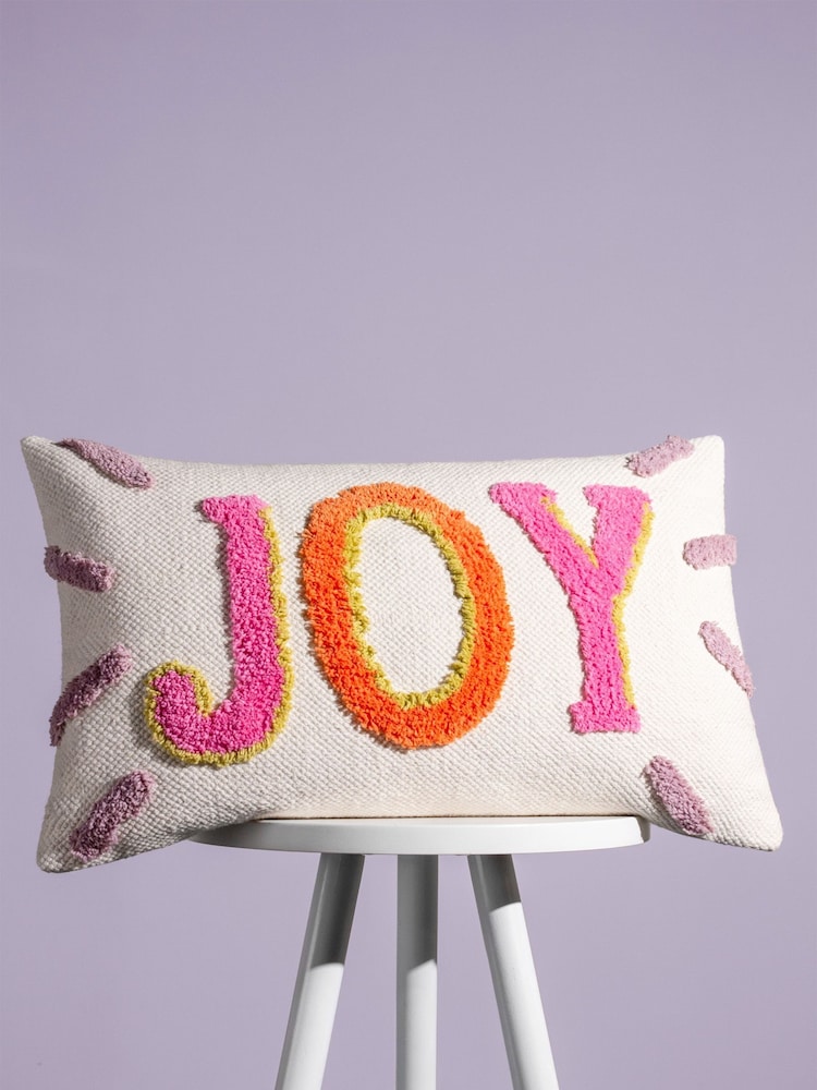 heya home Multicolour Joy Slogan Cotton Tufted 100% Cotton Cushion - Image 1 of 6