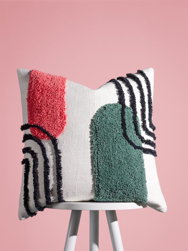 heya home Pink/Jade Green Elmer Art Deco Cotton Tufted 100% Cotton Cushion - Image 1 of 7