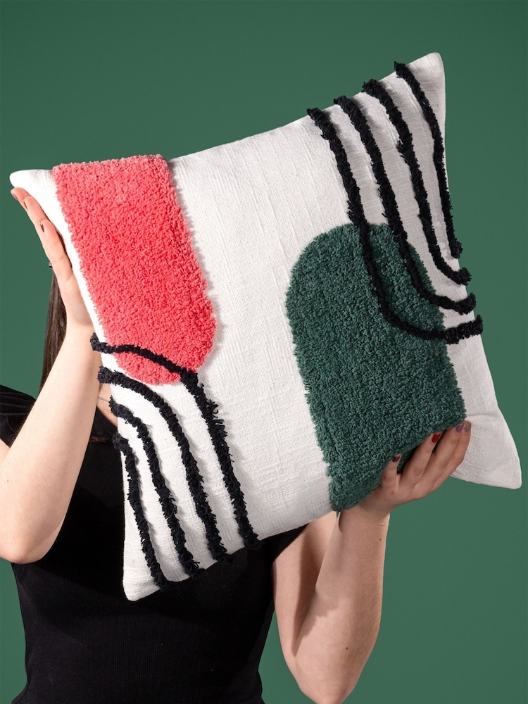 heya home Pink/Jade Green Elmer Art Deco Cotton Tufted 100% Cotton Cushion - Image 2 of 7