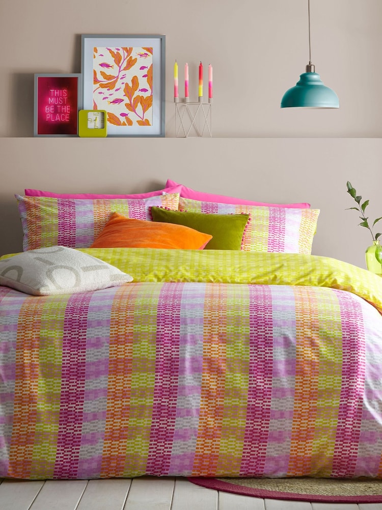 furn. Purple Neola Geometric Neon Reversible Duvet Cover and Pillowcase Set - Image 1 of 4