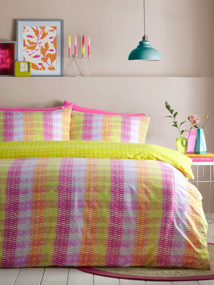furn. Purple Neola Geometric Neon Reversible Duvet Cover and Pillowcase Set - Image 2 of 4