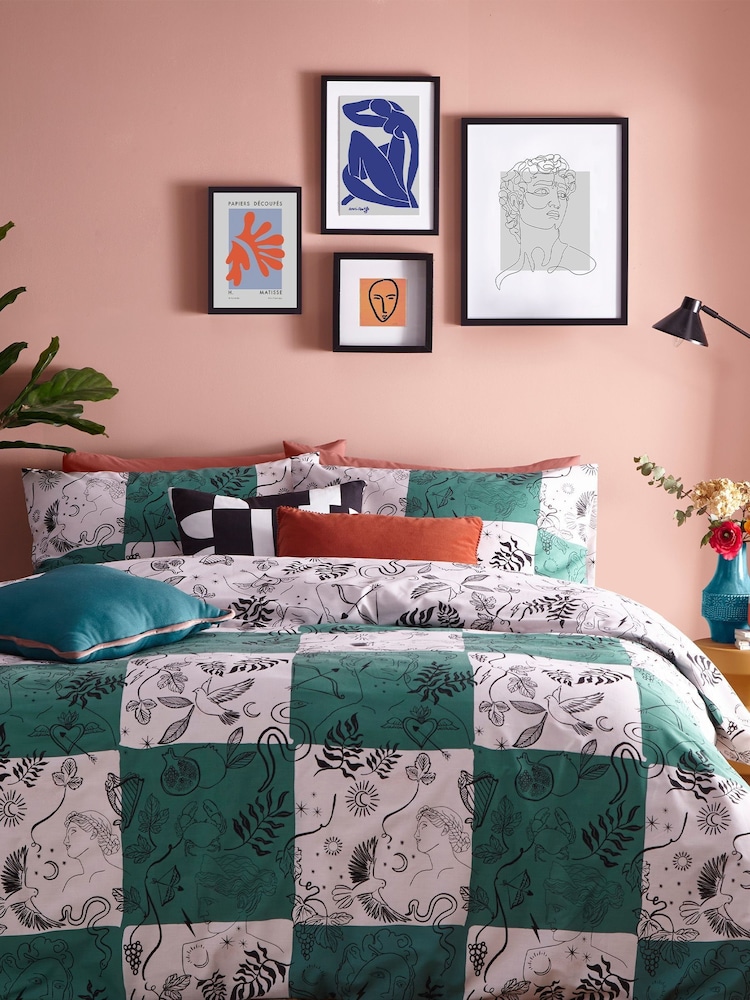 furn. Green Mythos Checkerboard Abstract Reversible Duvet Cover and Pillowcase Set - Image 1 of 3