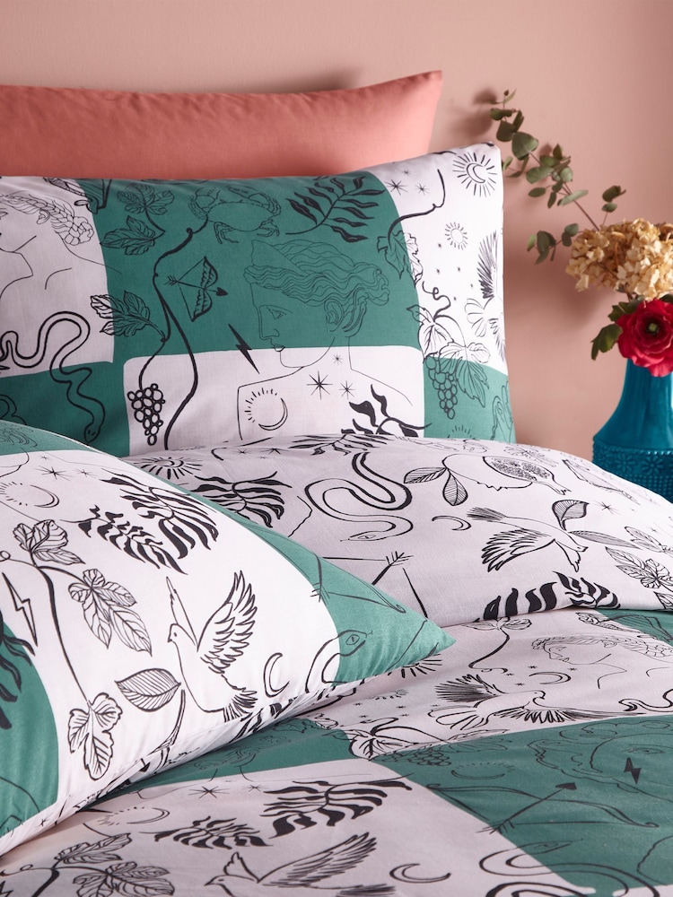 furn. Green Mythos Checkerboard Abstract Reversible Duvet Cover and Pillowcase Set - Image 2 of 3