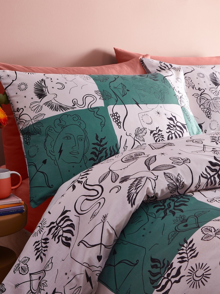furn. Green Mythos Checkerboard Abstract Reversible Duvet Cover and Pillowcase Set - Image 3 of 3