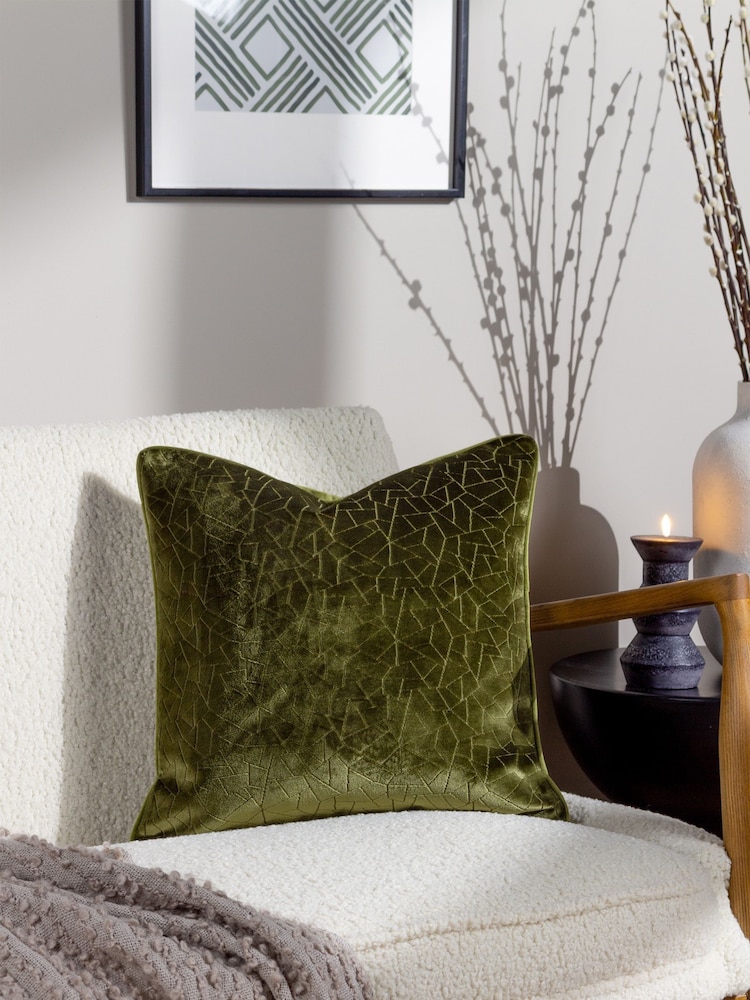 HÖEM Olive Green Malans Geometric Cut Velvet Piped Cushion - Image 1 of 7