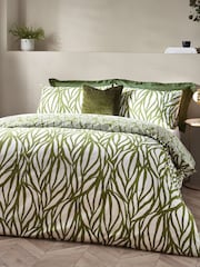 HÖEM Olive Green Olive Green Frond Minimalist Botanics Cotton Rich Duvet Cover and Pillowcase Set - Image 1 of 4