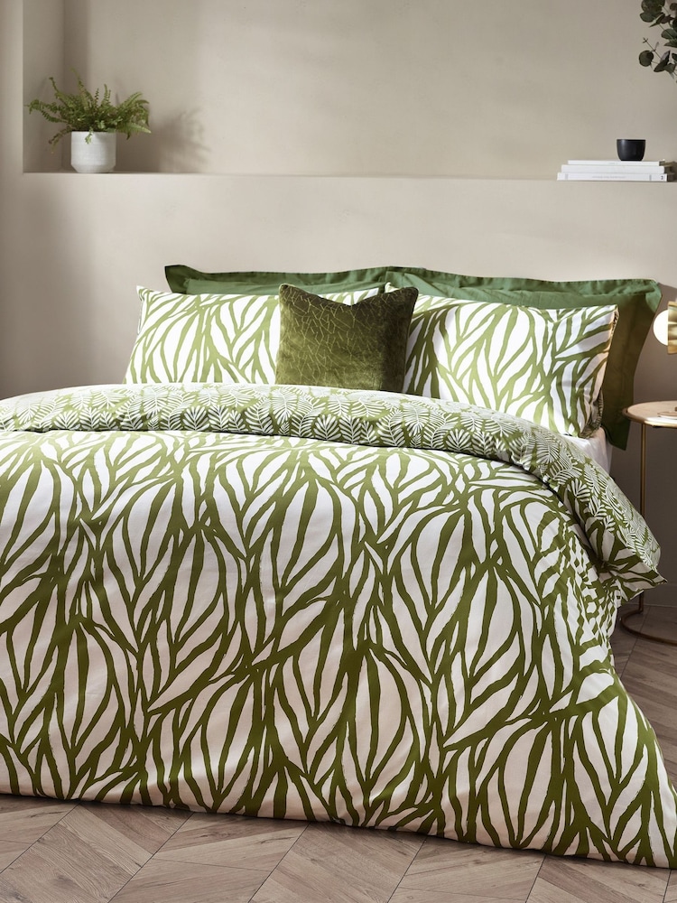 HÖEM Olive Green Olive Green Frond Minimalist Botanics Cotton Rich Duvet Cover and Pillowcase Set - Image 1 of 4