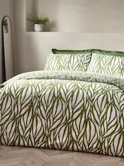 HÖEM Olive Green Olive Green Frond Minimalist Botanics Cotton Rich Duvet Cover and Pillowcase Set - Image 2 of 4