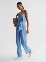 Reiss Blue Emily Linen Side Tie Jumpsuit - Image 1 of 4