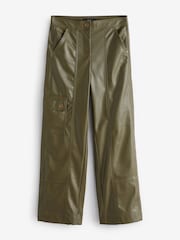 Olive Green Faux Leather PU Cargo Trousers - Image 1 of 5