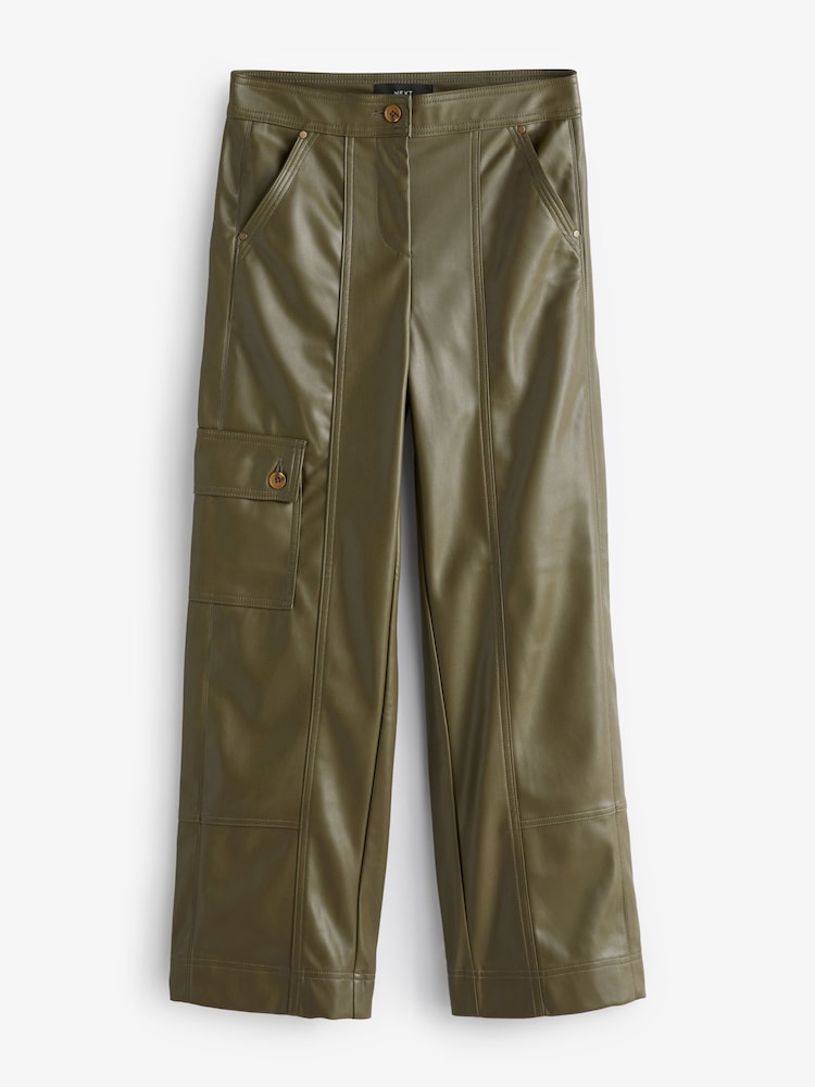 Olive Green Faux Leather PU Cargo Trousers - Image 1 of 5