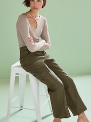 Olive Green Faux Leather PU Cargo Trousers - Image 2 of 5