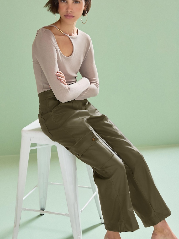 Olive Green Faux Leather PU Cargo Trousers - Image 2 of 5