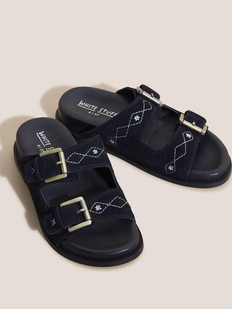 White Stuff Suede Embroidered Black Sandals - Image 2 of 3