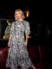 Another Sunday 100% Cotton Floral Print Poplin Short Puff Sleeve Tiered Smock Midi Dress - Image 2 of 6