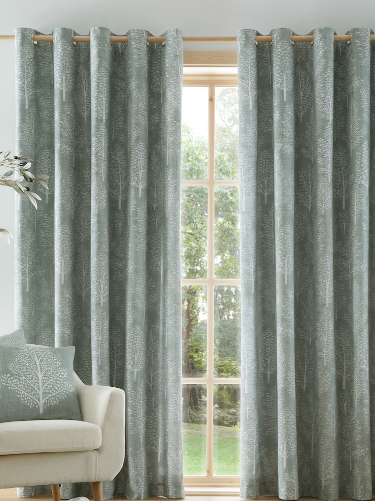 Catherine Lansfield Green 100% Cotton Alder Trees Eyelet Curtain - Image 2 of 4