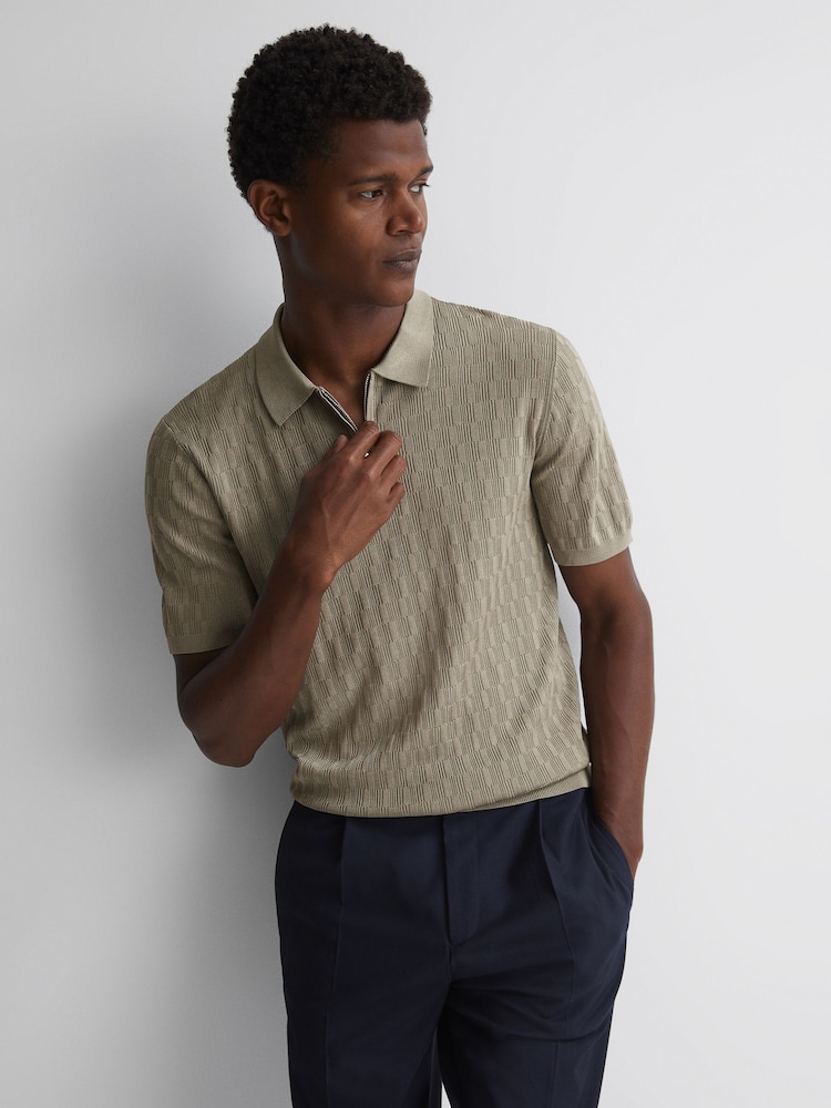 Reiss Taupe Ubud Half-Zip Textured Polo T-Shirt - Image 1 of 5