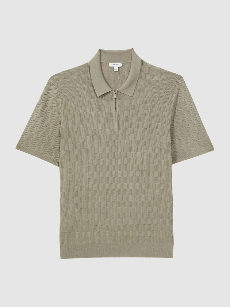 Reiss Taupe Ubud Half-Zip Textured Polo T-Shirt - Image 2 of 5