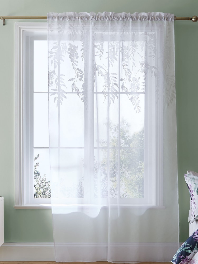 Catherine Lansfield White Wisteria Floral Slot Top Voile Curtain Panel - Image 1 of 3