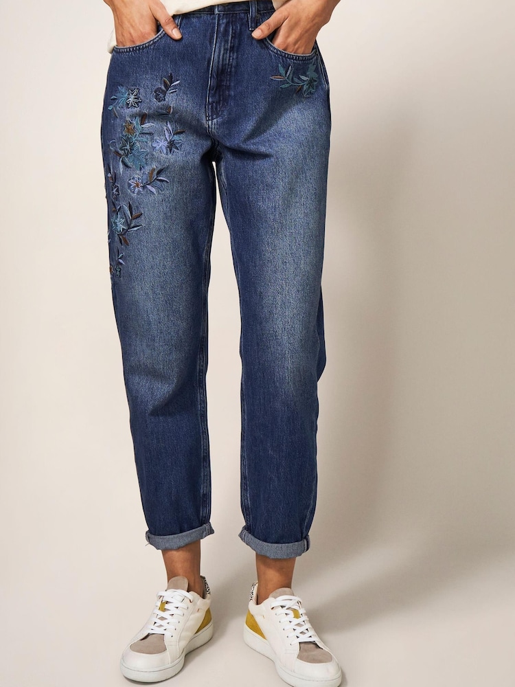White Stuff Blue Embroidered Boyfriend Jeans - Image 1 of 7