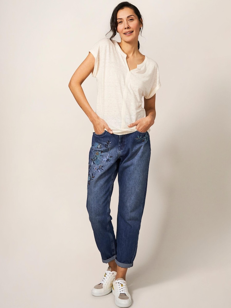 White Stuff Blue Embroidered Boyfriend Jeans - Image 3 of 7