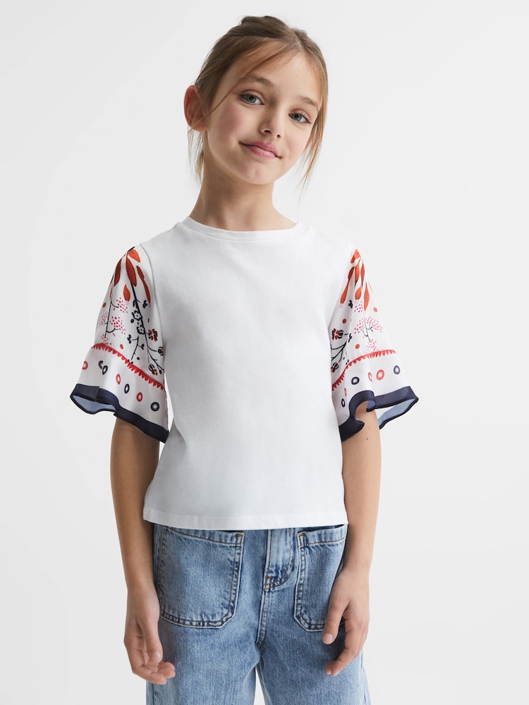 Reiss White Anastasia 4-9 yrs Flared Printed Sleeve T-Shirt - Image 1 of 6