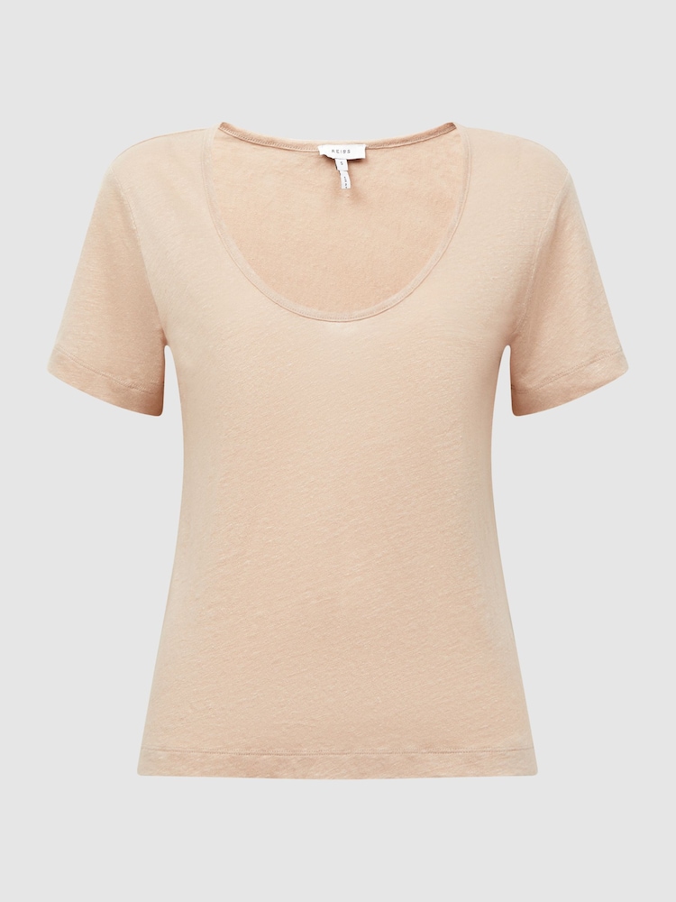 Reiss Camel Frances Linen Scoop Neck T-Shirt - Image 2 of 5