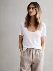 Reiss White Frances Linen Scoop Neck T-Shirt - Image 5 of 5
