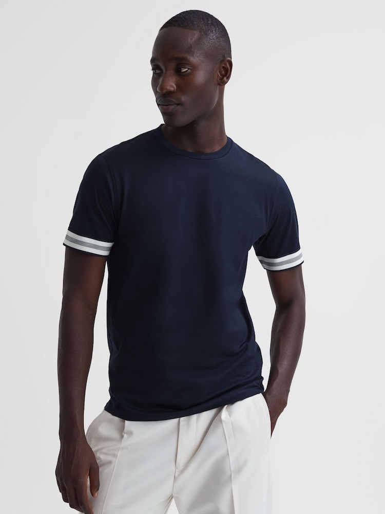 Reiss Navy Dune Mercerised Cotton Striped T-Shirt - Image 1 of 6