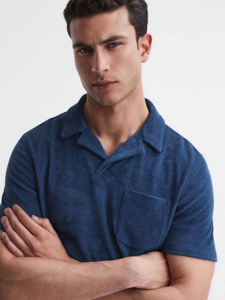 Reiss Royal Blue Caicos Towelling Cuban Collar Polo Shirt - Image 1 of 5