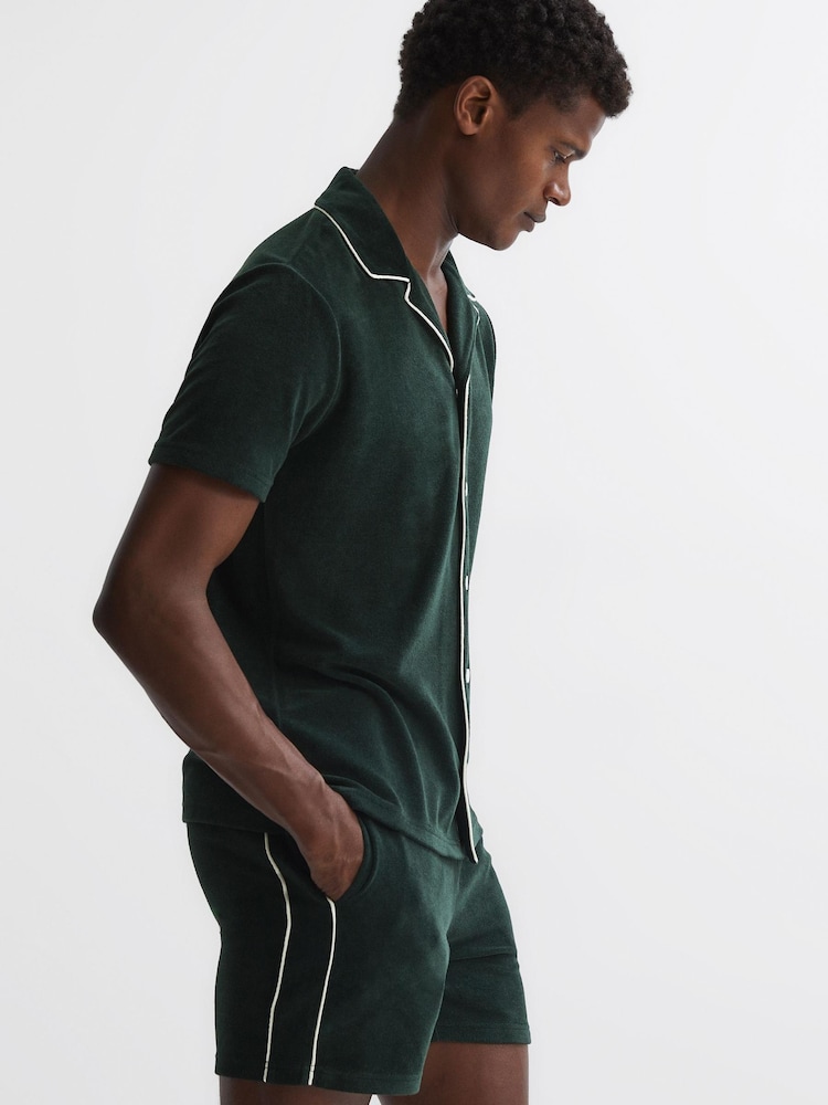 Reiss Dark Green Defoe Velour Cuban Collar Shirt - Image 1 of 1 Reiss Dark Green Defoe Velour Cuban Collar Shirt - Image 1 of 1