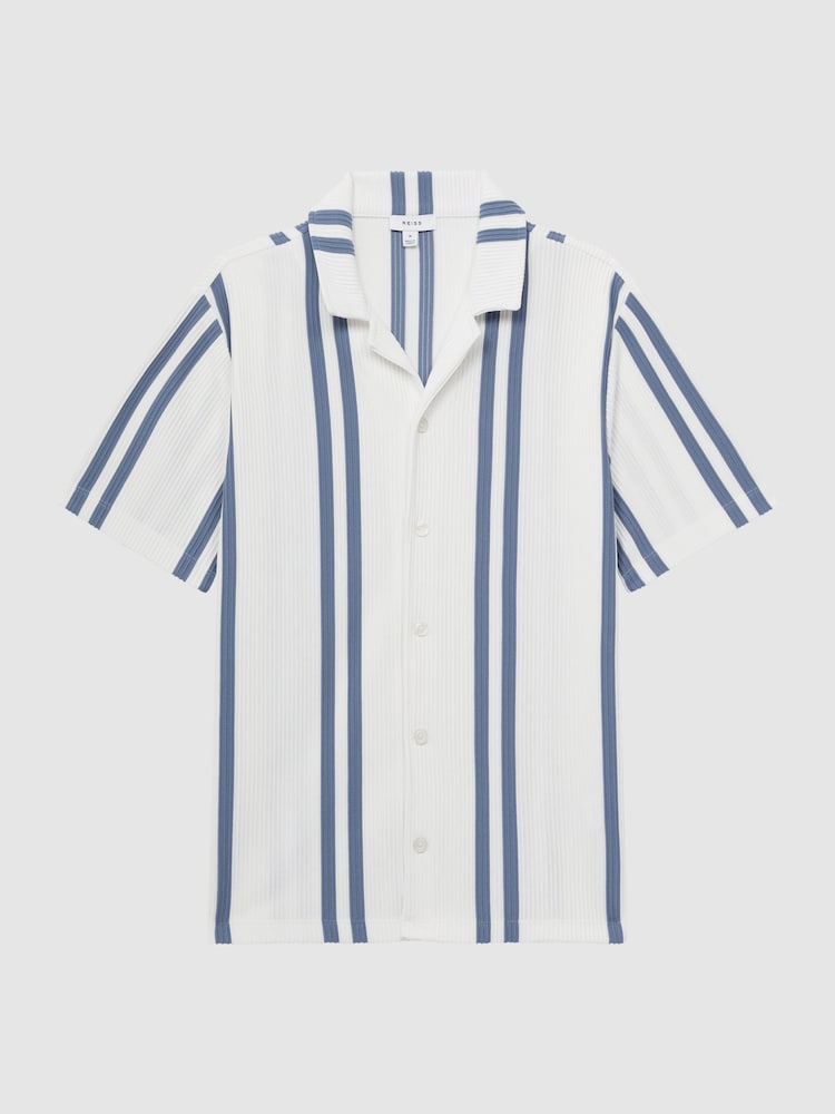 Reiss White/Air Force Blue Castle Ribbed Striped Cuban Collar Shirt - Image 2 of 5 Reiss White/Air Force Blue Castle Ribbed Striped Cuban Collar Shirt - Image 2 of 5