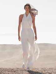Reiss White Carmen Halter Neck Linen Blend Jumpsuit - Image 1 of 7