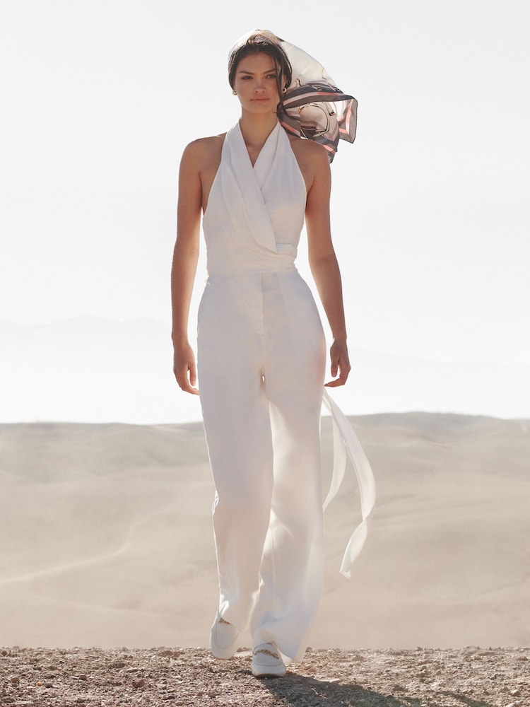 Reiss White Carmen Halter Neck Linen Blend Jumpsuit - Image 1 of 7