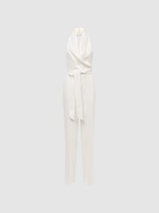 Reiss White Carmen Halter Neck Linen Blend Jumpsuit - Image 2 of 7