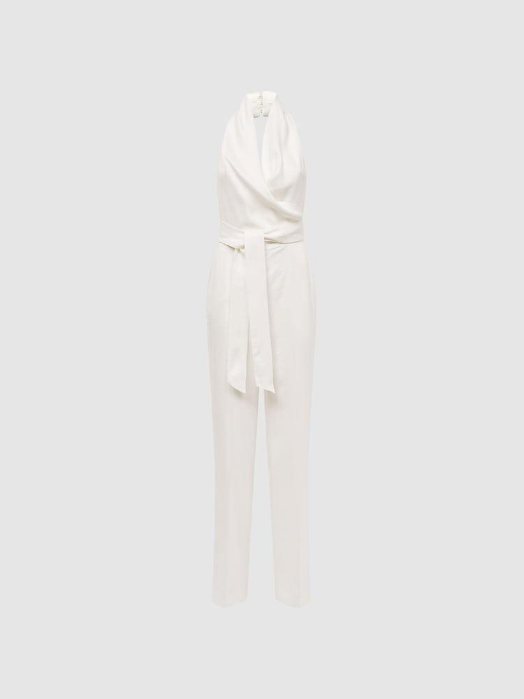 Reiss White Carmen Halter Neck Linen Blend Jumpsuit - Image 2 of 7