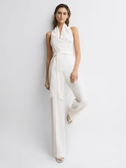 Reiss White Carmen Halter Neck Linen Blend Jumpsuit - Image 7 of 7