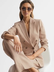 Reiss Neutral Hollie Double Breasted Linen Blazer - Image 4 of 8