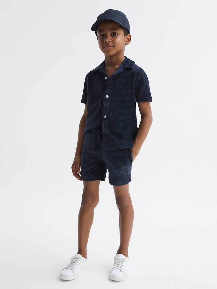 Reiss Navy Santal Senior Cuban Collar Ribbed Textured Shirt - Image 1 of 6
