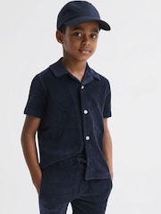 Reiss Navy Santal Senior Cuban Collar Ribbed Textured Shirt - Image 3 of 6