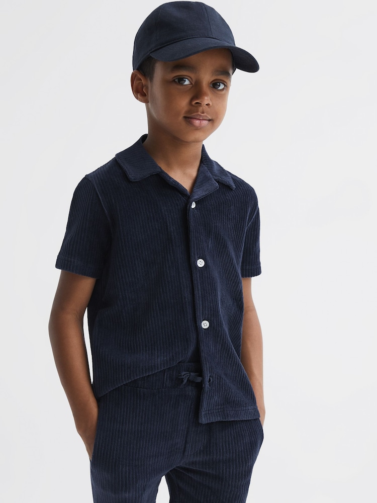 Reiss Navy Santal Junior Cuban Collar Ribbed Textured Shirt - Image 1 of 6