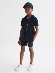 Reiss Navy Santal Junior Cuban Collar Ribbed Textured Shirt - Image 3 of 6